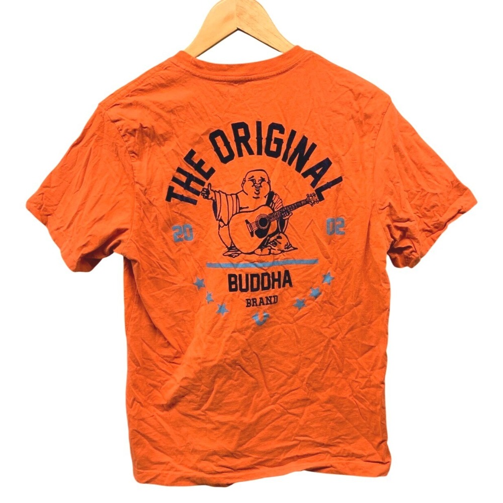 True Religion Graphic T-Shirt Women's Medium Orange Buddha Logo Y2K Crew Neck